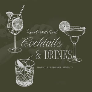 Puede incluir: Ilustración dibujada a mano de cócteles y bebidas, incluyendo una margarita, un highball con pajita y un old-fashioned. El texto dice "Cocktails & Drinks" y "Bonus: The Drinks Menu Template."