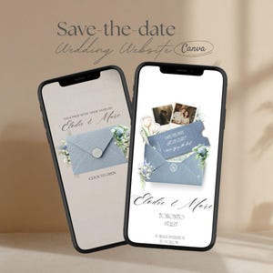 Dusty Blue French Toile Save the Date Website Template | Canva Wedding Website with Built-In RSVP | Mobile-Friendly, No Experience Needed