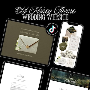 Modello di sito web per matrimoni in stile Old Money · Elegante sito Canva modificabile con RSVP · Invito digitale per matrimoni classici in abito da sera