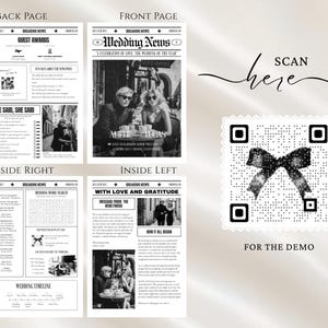 Puede incluir: Un dise&ntilde;o de peri&oacute;dico de boda en blanco y negro con el titular "Wedding News". La portada presenta una foto de una pareja. El dise&ntilde;o incluye texto, un c&oacute;digo QR y las palabras "Scan here" y "For the demo."