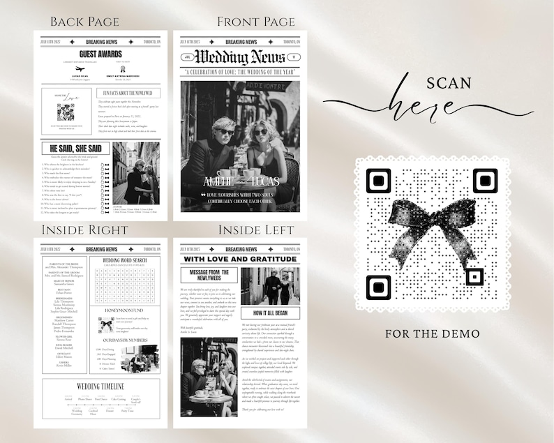 Puede incluir: Un dise&ntilde;o de peri&oacute;dico de boda en blanco y negro con el titular "Wedding News". La portada presenta una foto de una pareja. El dise&ntilde;o incluye texto, un c&oacute;digo QR y las palabras "Scan here" y "For the demo."