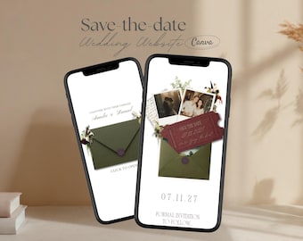 Burgundy & Olive Save the Date Website Template | Moody Canva Wedding Website with RSVP | Fall Digital Save the Date