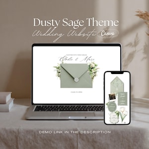 Puede incluir: Un portátil y un teléfono inteligente que muestran una plantilla de sitio web de bodas Dusty Sage Theme. La pantalla muestra un sobre con el texto Elodie & Marc, mientras que el teléfono muestra varios elementos de invitación verde salvia y gráficos florales.