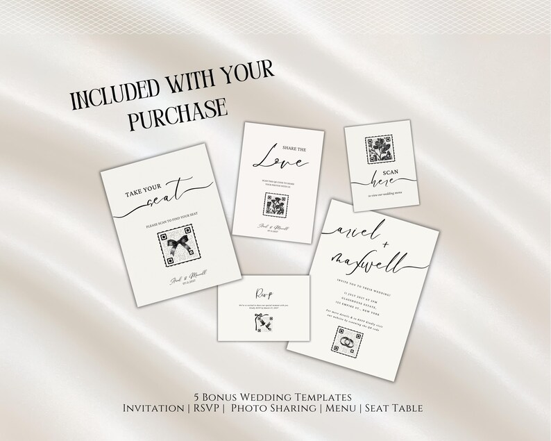 Puede incluir: Un conjunto de cinco plantillas de boda sobre un fondo crema. Las plantillas incluyen invitaciones, tarjetas RSVP y men&uacute;s. Cada tarjeta presenta una caligraf&iacute;a elegante y c&oacute;digos QR. El texto incluye "Take Your Seat" y "Scan Here".