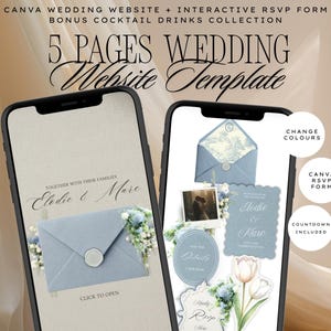 Op de afbeelding: Twee smartphones tonen een 5-pagina trouwwebsite sjabloon. De schermen tonen een blauwe envelop met een waszegel, bloemaccenten en de tekst Elodie & Marc. Cirkelvormige tekstballonnen geven functies aan zoals kleurwijzigingen, RSVP-formulier en een aftelklok.