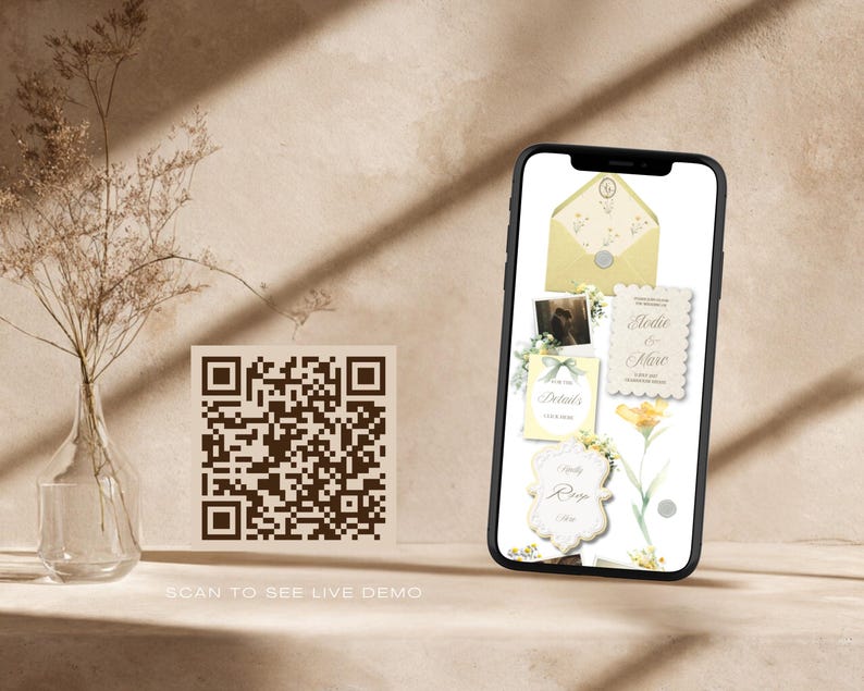 Może przedstawiać: Smartfon wyświetlający cyfrowy zestaw zaproszeń ślubnych z ż&oacute;łtymi kopertami, kwiatowymi akcentami i tekstem Elodie & Marc, obok kwadratowego kodu QR z napisem SCAN TO SEE LIVE DEMO wydrukowanym poniżej na neutralnej powierzchni.