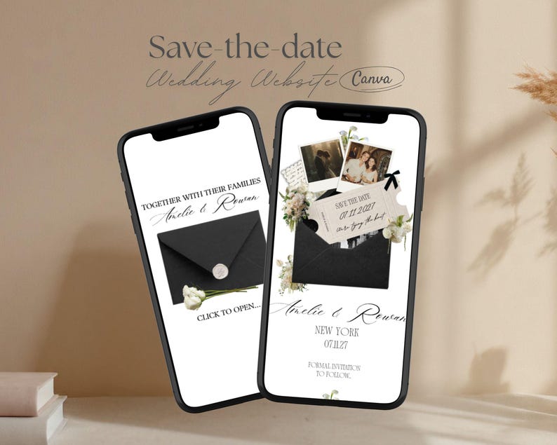 May include: Two smartphones displaying a digital wedding save-the-date invitation. The screens feature black envelopes with wax seals, floral accents, polaroid-style photos, and text including Amelie & Rowan, New York, and 07.11.2027.