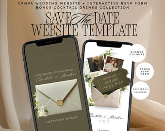 Old Money Save the Date Website Template | Dark Olive Canva Wedding Website with Built-In RSVP | Mobile-Friendly, No Experience Needed