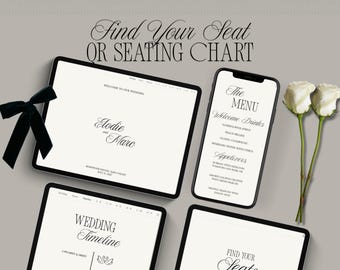 Cartel de plano de asientos con código QR + Sitio web para encontrar tu asiento, plano de asientos digital para bodas, buscador de asientos interactivo para invitados, editable en Canva