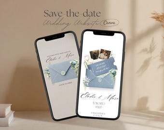 Dusty Blue & Ivory Save the Date Website Template – French Toile Canva Digital Save the Date with Built-In RSVP Garden Mini Wedding Website