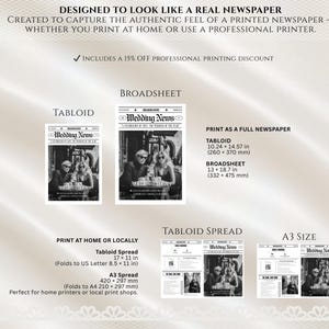 Puede incluir: Se muestra un dise&ntilde;o de peri&oacute;dico en blanco y negro con el titular "Wedding News". La imagen muestra diferentes tama&ntilde;os de impresi&oacute;n, incluyendo tabloide y broadsheet, con medidas en pulgadas y mil&iacute;metros. El texto incluye informaci&oacute;n sobre la impresi&oacute;n en casa o profesionalmente.