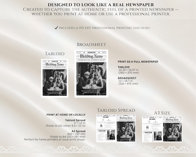 Puede incluir: Se muestra un dise&ntilde;o de peri&oacute;dico en blanco y negro con el titular "Wedding News". La imagen muestra diferentes tama&ntilde;os de impresi&oacute;n, incluyendo tabloide y broadsheet, con medidas en pulgadas y mil&iacute;metros. El texto incluye informaci&oacute;n sobre la impresi&oacute;n en casa o profesionalmente.