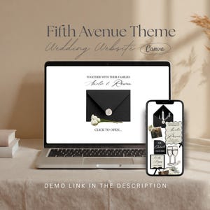 Puede incluir: Un ordenador portátil y un smartphone que muestran una plantilla de sitio web de boda Fifth Avenue Theme. Las pantallas muestran sobres negros con sellos de cera, flores blancas y texto como Amelie & Rowan, Click to Open y Demo Link.