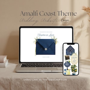 Navy Yellow Amalfi Coast Wedding Website Template | Coastal Canva Wedding Website with Built-In RSVP | Mobile-Friendly, No Experience Needed