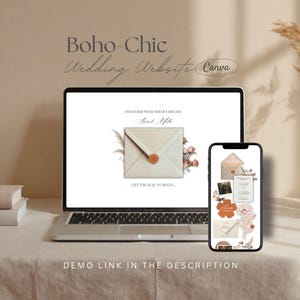 Plantilla de sitio web de boda en terracota bohemia: sitio web de boda en Canva con flores secas e invitación digital rústica bohemia con RSVP integrada.