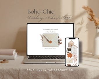 Boho Terracotta Wedding Website Template – Dried Floral Canva Wedding Website with Built-In RSVP | Rustic Boho Digital Invitation