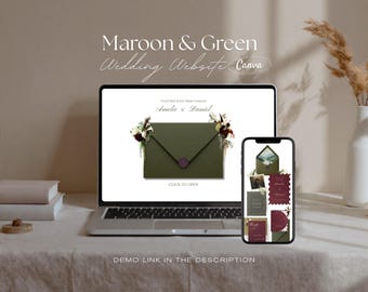 Burgundy & Olive Wedding Website Template – Editorial Luxury Canva Wedding Website with Built-In RSVP | Moody Old Money Digital Invitation