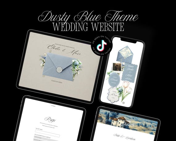 Dusty Blue Wedding Website Template Canva, French Toile Digital Wedding Invitation, Editable Online RSVP, Elegant Mobile Website Invite