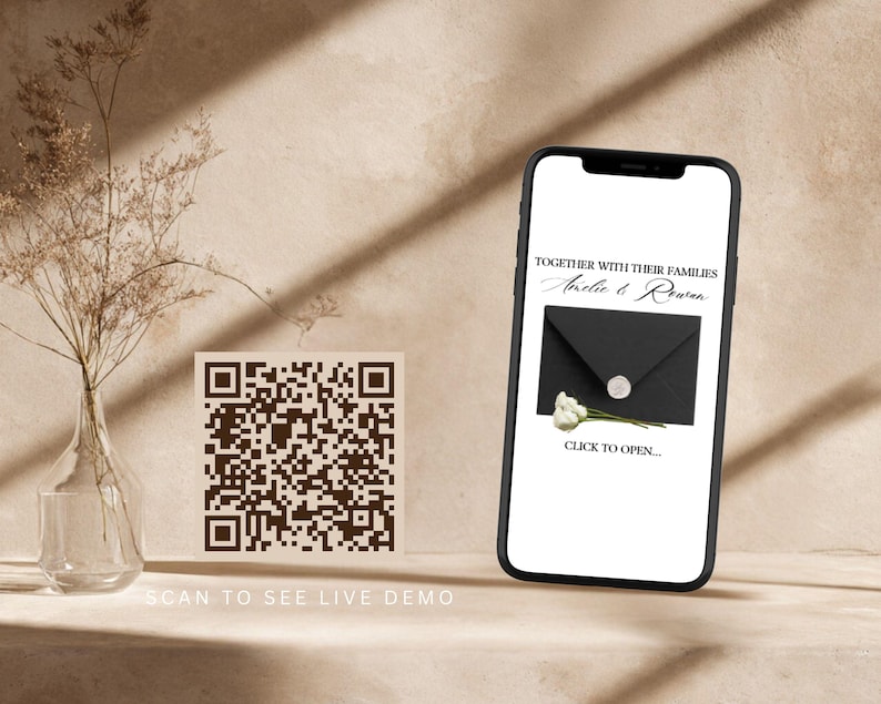 May include: A smartphone displaying a digital wedding invitation with the text Together with their families Amelie & Rowan and Click to open above a black envelope with a wax seal and white flowers, next to a square QR code for a live demo.