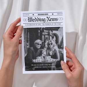 Puede incluir: Un anuncio de boda en blanco y negro sostenido por una persona. El titular dice "Wedding News" con el texto "A CELEBRATION OF LOVE: THE WEDDING OF THE YEAR". El anuncio presenta una foto de una pareja y los nombres "AMILIE LUCAS."