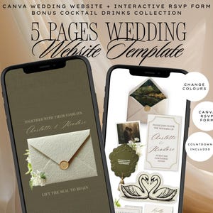 May include: Two smartphones displaying a 5-page wedding website template. The screens show an olive green background with an envelope graphic, text reading 'Together with their families Charlotte & Theodore', and a collection of wedding stationery elements.