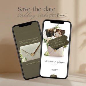 Old Money Save the Date Website Template – Dark Olive Green Canva Digital Save the Date with RSVP | Estate Mini Wedding Website