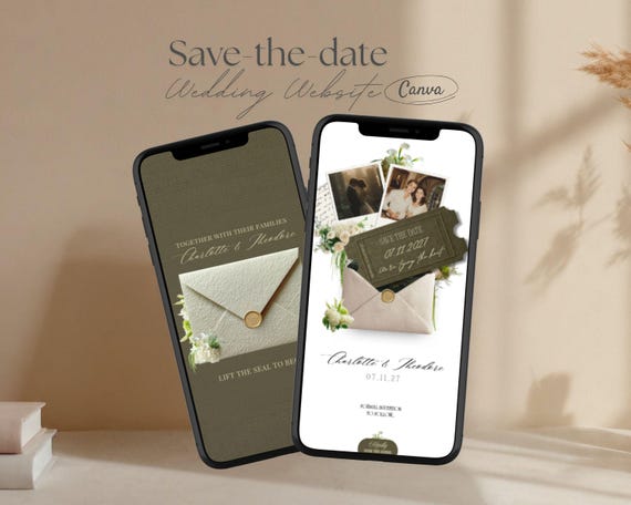 Old Money Save the Date Website Template – Dark Olive Green Canva Digital Save the Date with RSVP | Estate Mini Wedding Website