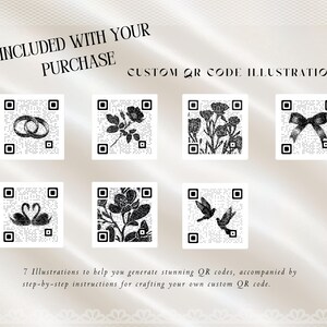 Puede incluir: Siete ilustraciones de c&oacute;digos QR personalizados en blanco y negro, que incluyen anillos de boda, rosas, flores, un lazo, cisnes, un dise&ntilde;o floral y p&aacute;jaros. El texto dice "INCLUIDO CON SU COMPRA" y "ILUSTRACIONES DE C&Oacute;DIGO QR PERSONALIZADAS".