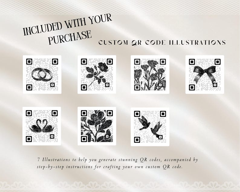 Puede incluir: Siete ilustraciones de c&oacute;digos QR personalizados en blanco y negro, que incluyen anillos de boda, rosas, flores, un lazo, cisnes, un dise&ntilde;o floral y p&aacute;jaros. El texto dice "INCLUIDO CON SU COMPRA" y "ILUSTRACIONES DE C&Oacute;DIGO QR PERSONALIZADAS".