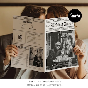 Puede incluir: Un peri&oacute;dico de bodas en blanco y negro sostenido por una pareja. El peri&oacute;dico presenta el titular "Wedding News" y los nombres "Amelie & Lucas". El peri&oacute;dico tambi&eacute;n incluye el texto "Guest Awards" y "Said, She Said."