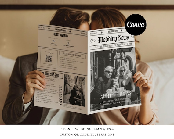 Vintage Wedding Newspaper Program Template, Editable Canva (Digital Download)