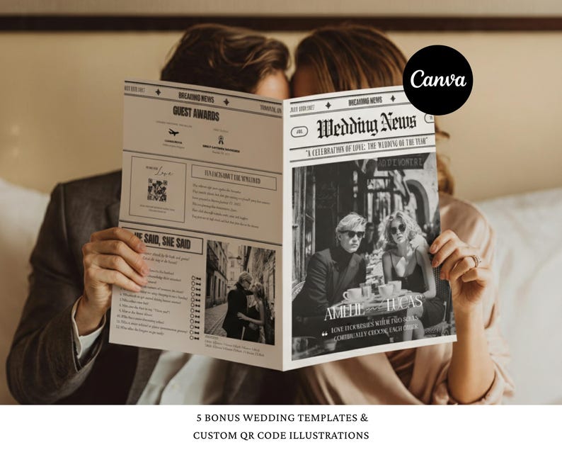 Puede incluir: Un peri&oacute;dico de bodas en blanco y negro sostenido por una pareja. El peri&oacute;dico presenta el titular "Wedding News" y los nombres "Amelie & Lucas". El peri&oacute;dico tambi&eacute;n incluye el texto "Guest Awards" y "Said, She Said."
