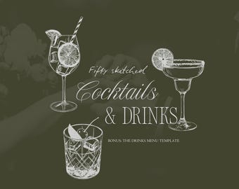 50 ilustraciones de bebidas dibujadas a mano / Clip art para menú de bar de bodas / SVG y PNG / Arte de cócteles / Letrero de bebida de autor / Descarga digital