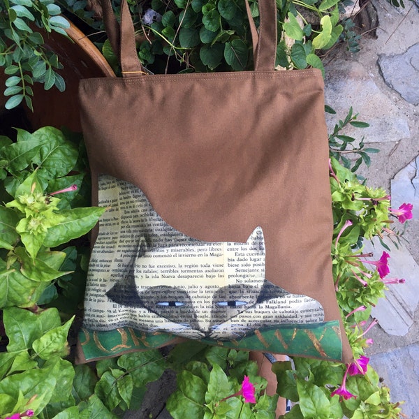 Cat tote bag, brown tote bag with cat book design.