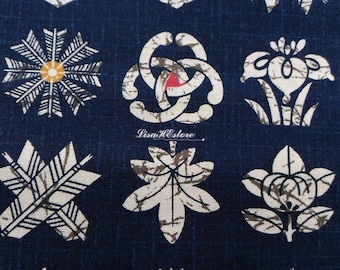 Japanese family emblems, navy blue, 1/2 yard, pure cotton fabric