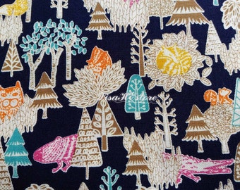 Animal behind tree, blue, 1/2 yard, pure cotton fabric