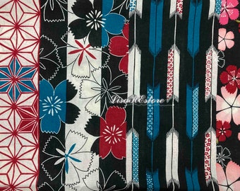 Japanese traditional motif, black and teal, 1/2 yard, pure cotton fabric