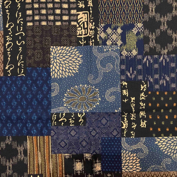 Japanese classic motif block, black blue and brown, 1/2 yard, pure cotton fabric