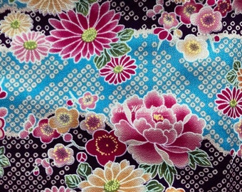 Japanese floral motif, pink blue and purple, 1/2 yard, pure cotton fabric