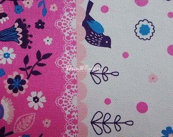 Bird and flower, in pink and blue, fat quarter, pure cotton canvas fabric