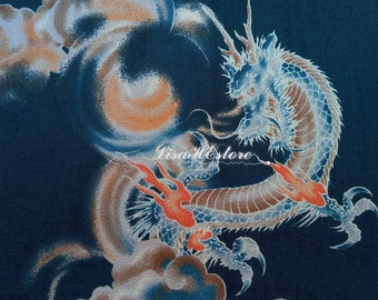 Dragon fire and cloud, dark blue, 1/2 yard, pure cotton fabric