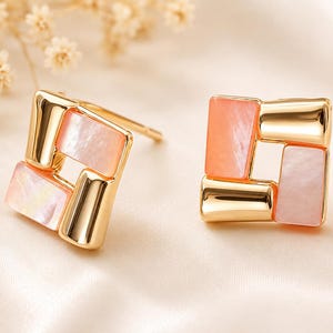 Tiny Geometric Mother of Pearl Square Stud Earrings, Pink or White Shell Earrings, 18K Gold Plated, S925 Sterling Silver Posts, Gift for Her