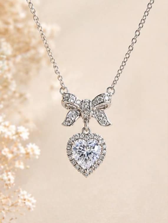 Bow Heart Necklace, CZ Heart Pendant Necklace, Dainty Silver Necklace, Cute Romantic Jewelry, Gift for Her, Non Tarnish Everyday Necklace