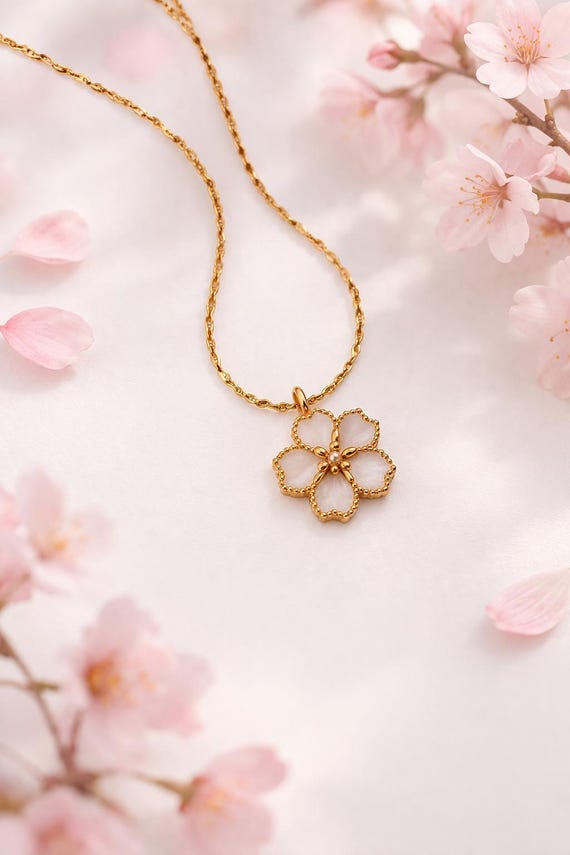 Cherry Blossom Necklace, White Sakura Pendant, 18K Gold Plated