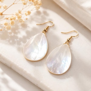 Natural White Mother of Pearl Teardrop Earrings, 18K Gold Plated Dangle Earrings, Double-Sided Shell Earrings, Gift for Her Jewelry