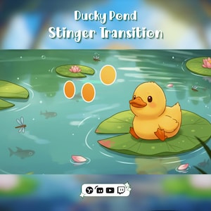 May include: An animated illustration of a yellow duckling sitting on a lily pad in a pond. The pond has lily pads, pink lotus flowers, and small fish. The text "Ducky Pond Stinger Transition" is at the top.