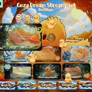 May include: A digital stream overlay with a cosy autumn theme. The design features cartoon ducks, water lilies, and text boxes for chat, camera, and stream information. The text "Cozy Dream Streampack Premium" is displayed at the top.