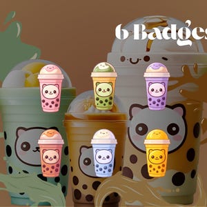Peut inclure: Illustration de six badges de bubble tea avec des motifs de panda. Le texte "6 Badges" est affiché. Les tasses de bubble tea sont de différentes couleurs, dont rose, vert, jaune et violet. Le fond est marron.