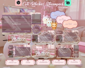 Twitch Overlay Cute Plushies Stream Package, scenes, badges, ... for Twitch, YouTube, OBS & Streamlabs.