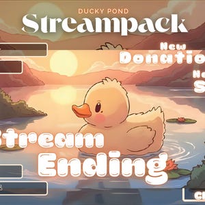 Könnte beinhalten: Ein digitales Stream-Overlay mit einer Cartoon-Ente in einem Teich bei Sonnenuntergang. Das Overlay enthält den Text "Ducky Pond Streampack", "Stream Ending", "New Donation", "New Sub" und "Chat".